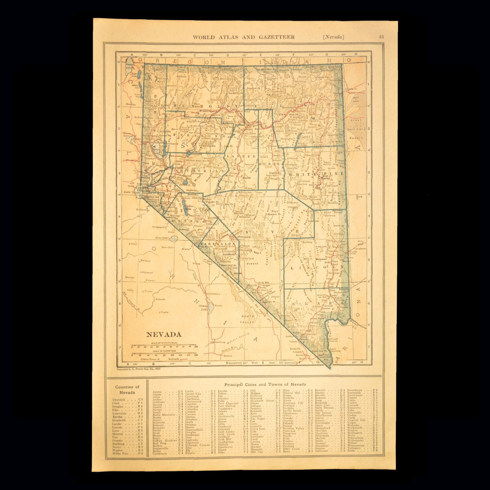 Antique Map of NEVADA Railroad Map Original Antique Virginia City DATED 1925