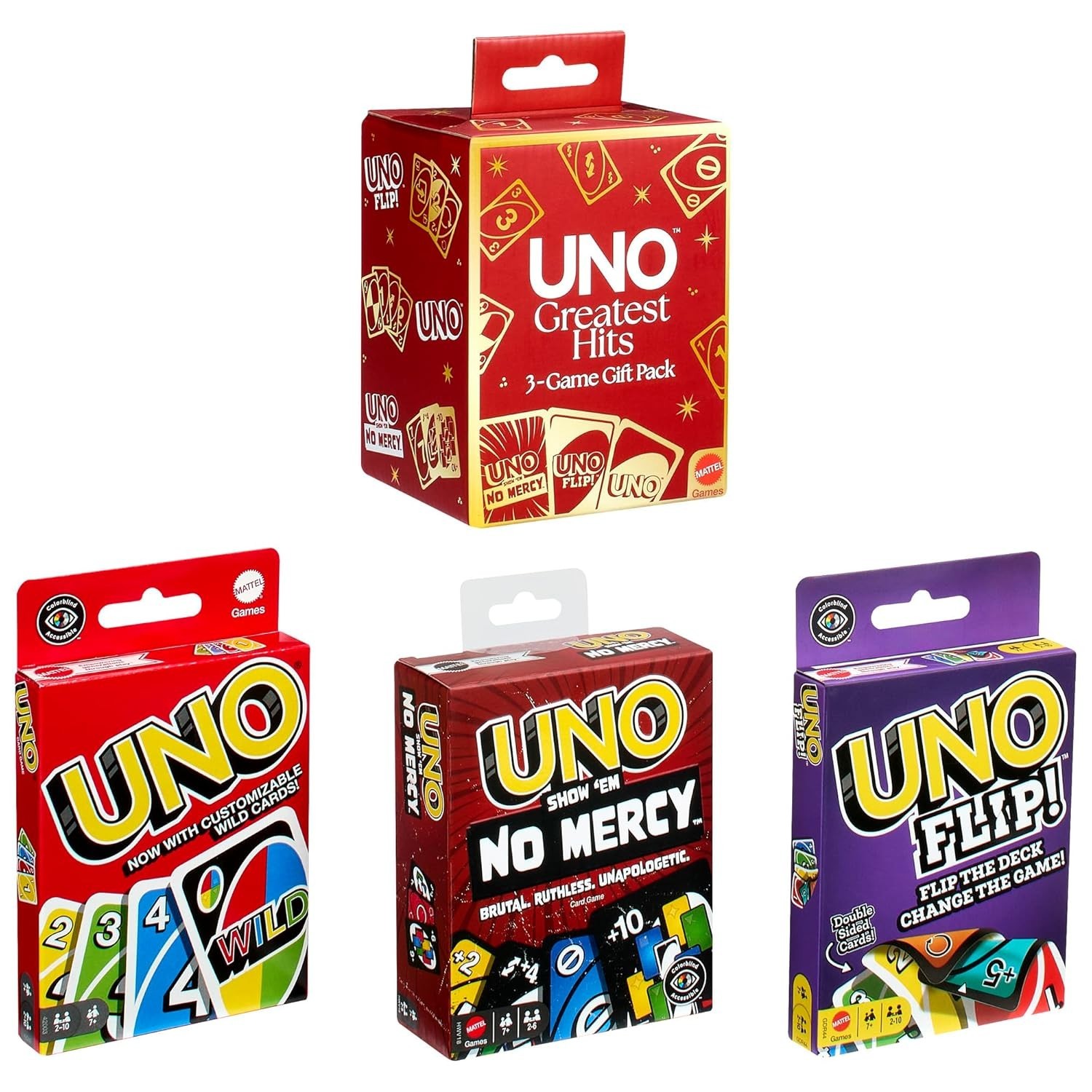 Mattel UNO 3-Game Card Set Greatest Hits Flip & Show 'Em No Mercy Mattel UNO 3-Game Card Set Greatest Hits Flip & Show 'Em No Mercy
