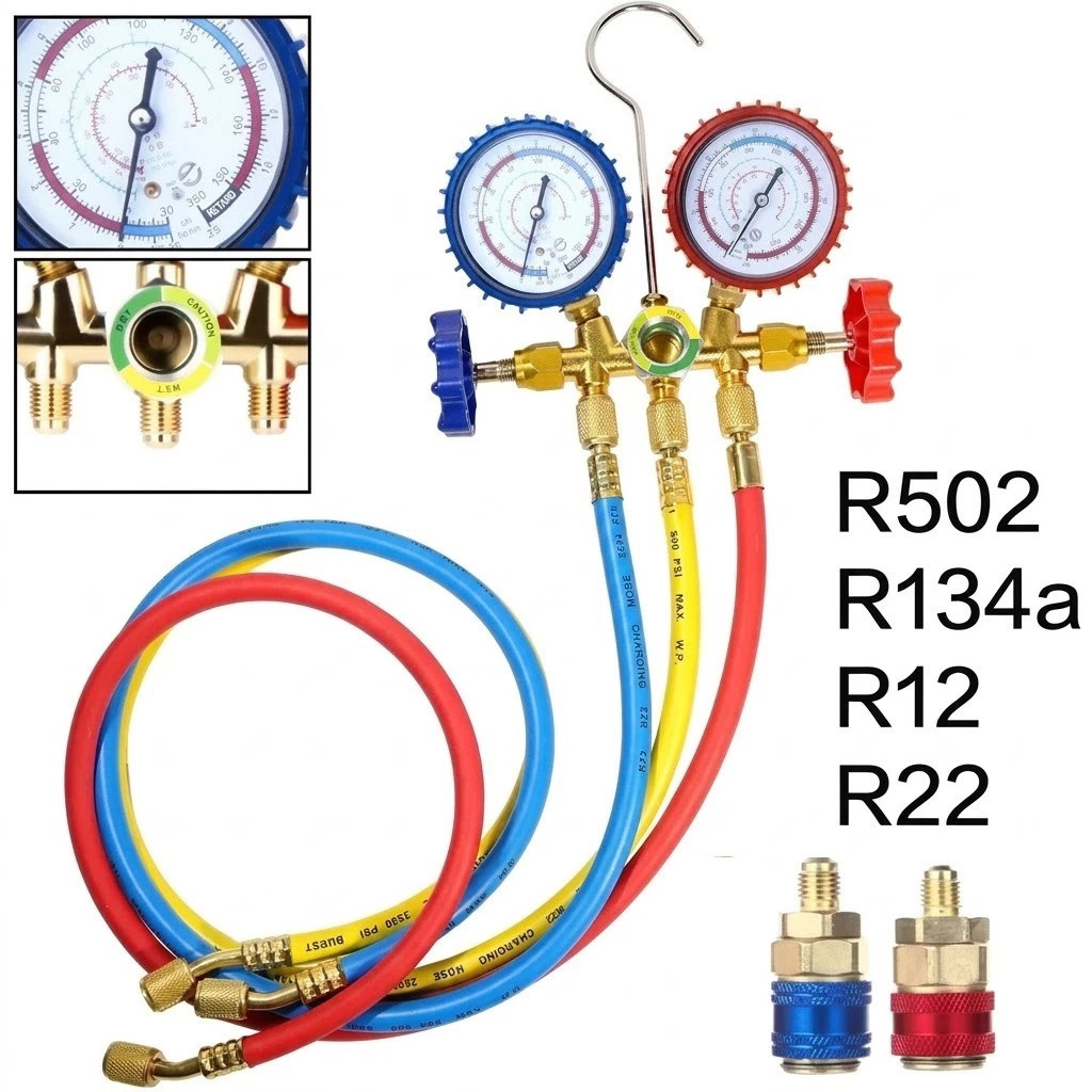 For R502 R134a R12 R22 AC Manifold Gauge Set A/C Refrigeration 3 Way Hose