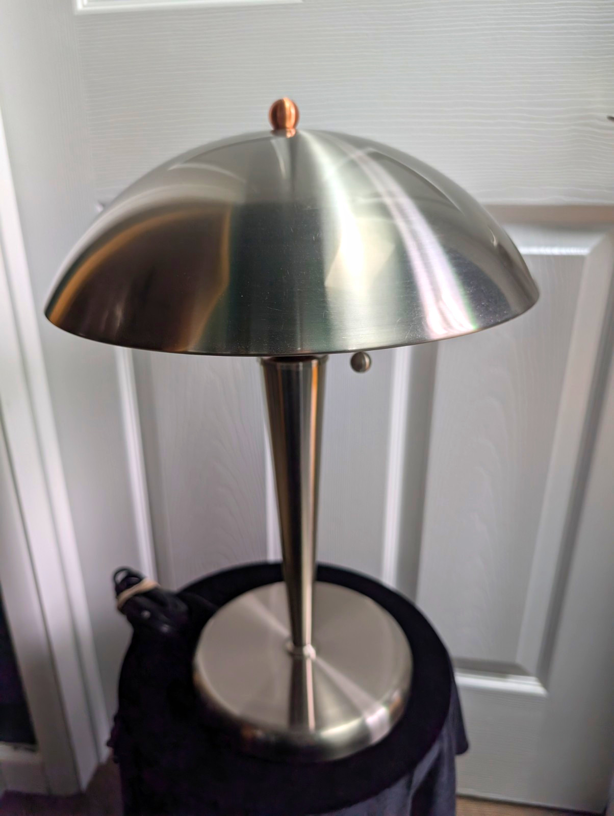Vintage 80s 90s Chrome Dish Table Lamp With Pull Cord And Copper Accents