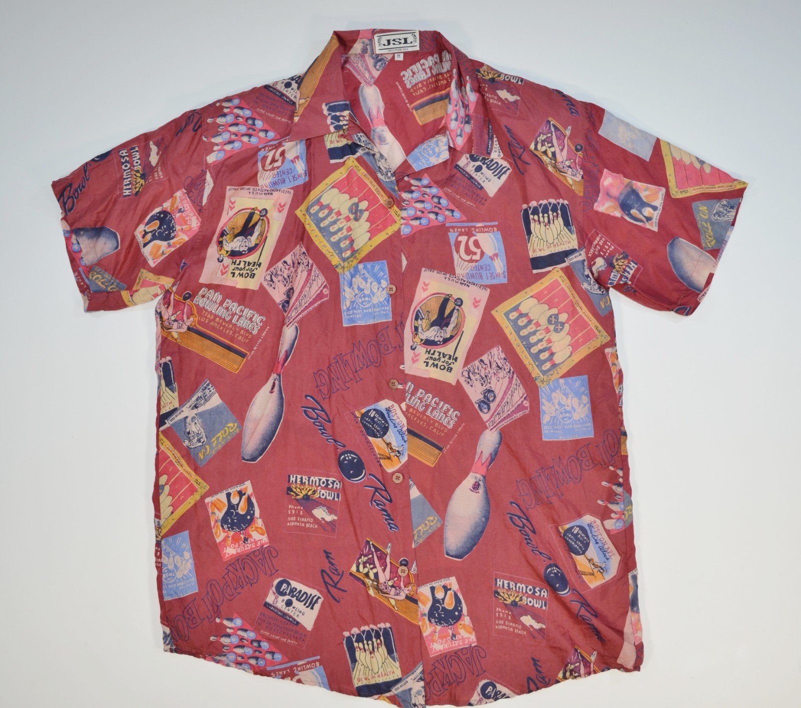 JSL 100% Pure Silk Vintage Bowling Theme Button Up Shirt California JSL 100% Pure Silk Vintage Bowling Theme Button Up Shirt California
