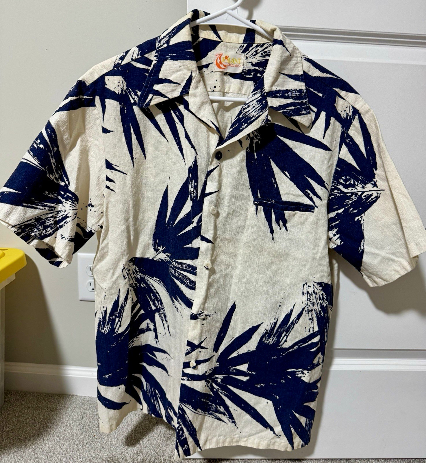 VTG 60s 70s Iolani Hawaii Barkcloth Hawaiian Shirt Men’s L Cream Blue Palm Leaf VTG 60s 70s Iolani Hawaii Barkcloth Hawaiian Shirt Men’s L Cream Blue Palm Leaf