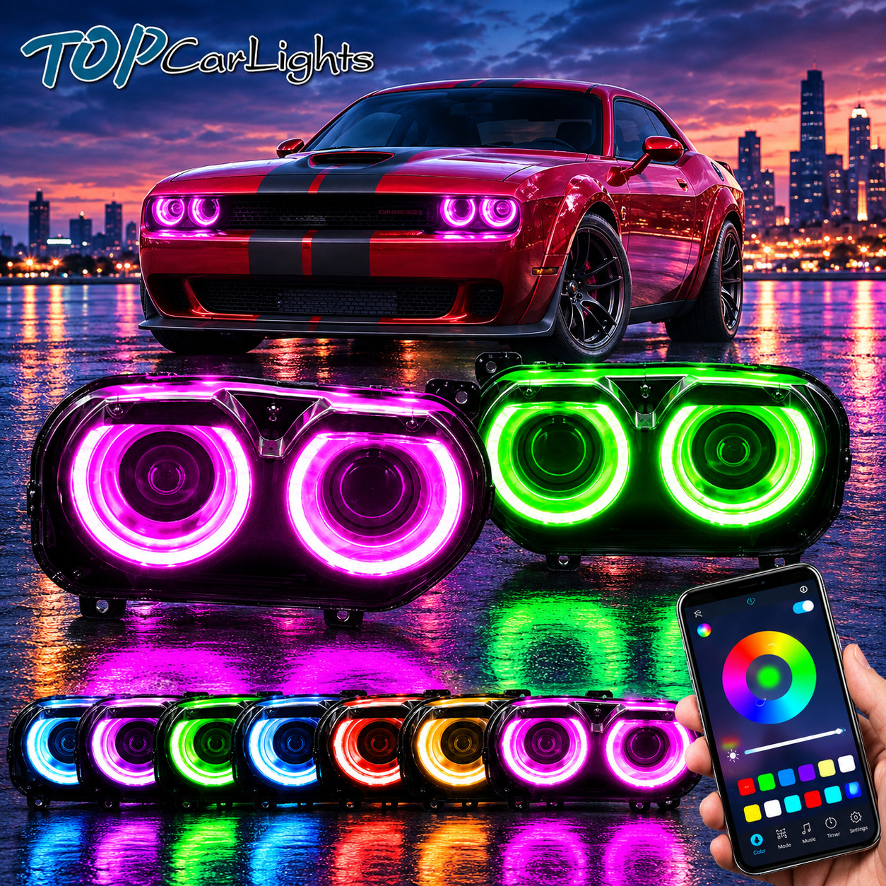 VLAND RGB DRL LED Projector Headlights For 2015-23 Dodge Challenger Front Lamps