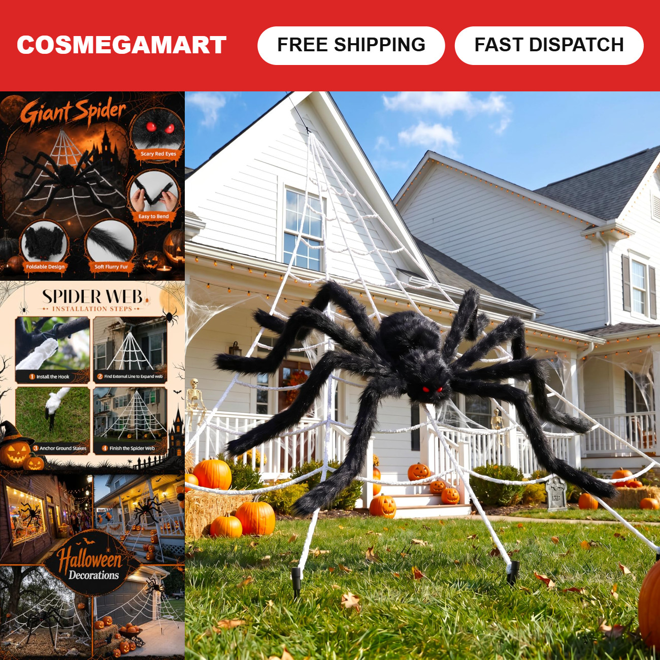 236\'\' Spider Web Halloween Decor + 70\'\' Giant Spider for Indoor/Outdoor Use