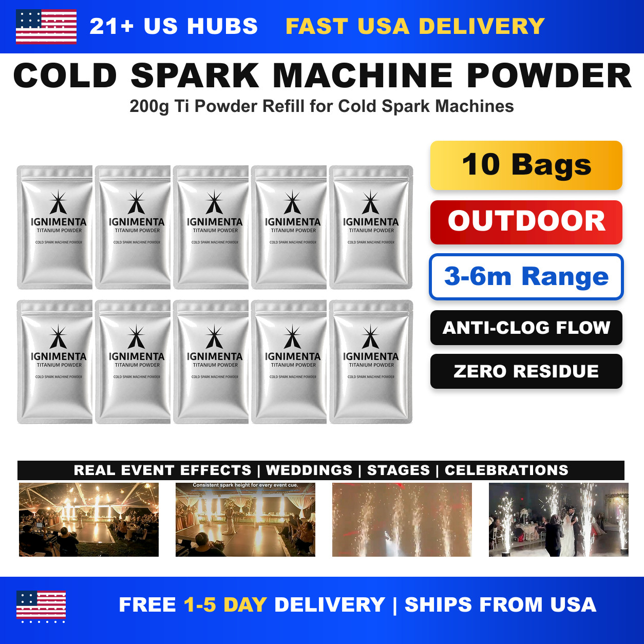 IGNIMENTA 10 Bags Outdoor 1-6M Cold Spark Machine Ti Powder (200g/Bag)