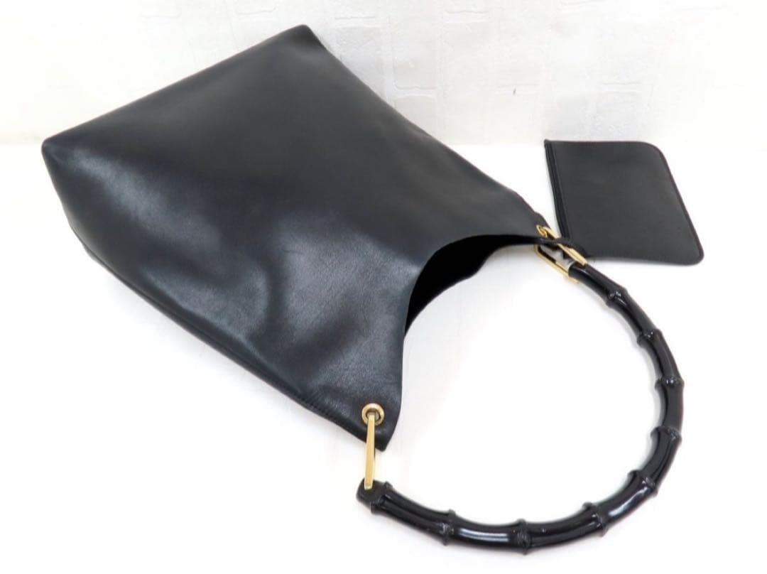 GUCCI Bamboo Leather Handbag Shoulder Bag Black Pouch Vintage Japan