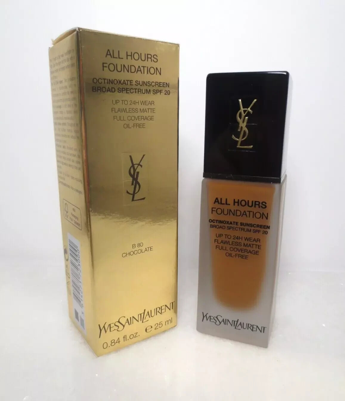 YSL ALL HOURS FOUNDATION SPF 20 FULL COVERAGE MATTE B 80 CHOCOLATE 0.84OZ BOXED YSL ALL HOURS FOUNDATION SPF 20 FULL COVERAGE MATTE B 80 CHOCOLATE 0.84OZ BOXED