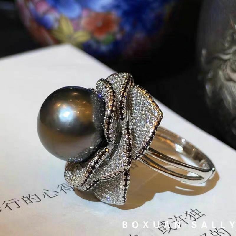 stunning  11-12mm south sea round  black green pearl ring 925s adjustable (tb)