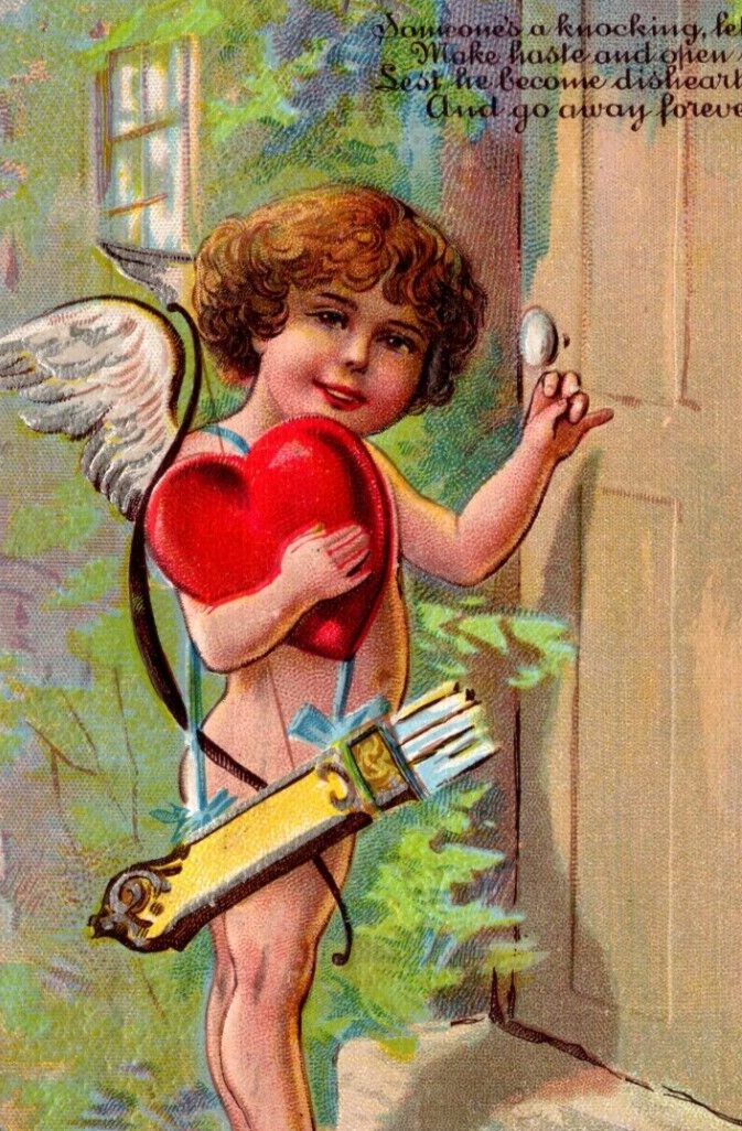 Vintage 1909 Valentine Postcard Fantasy Cupid Someone's A Knocking Let Him In Vintage 1909 Valentine Postcard Fantasy Cupid Someone's A Knocking Let Him In