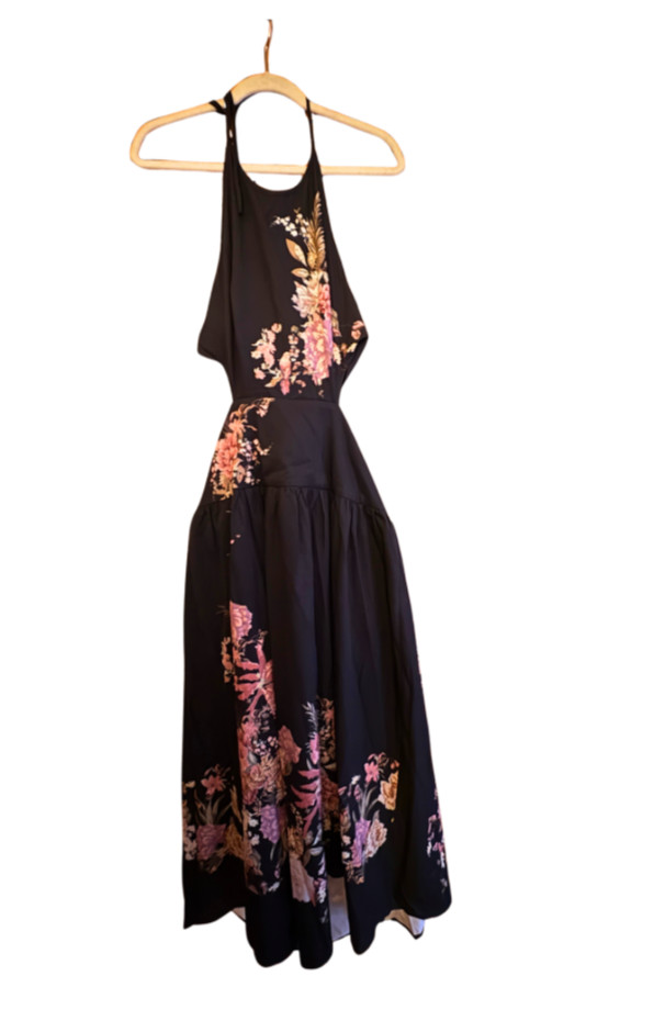 COMMENSE (NWT) Floral Print Halter Neck Dress Cut-Out Black Maxi Gown size 10