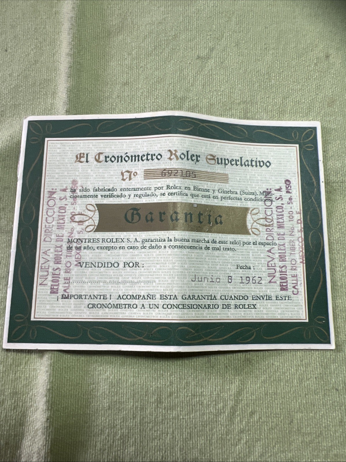 GENUINE Rolex Vintage watch Guarantee Warranty  1960s Certificate
