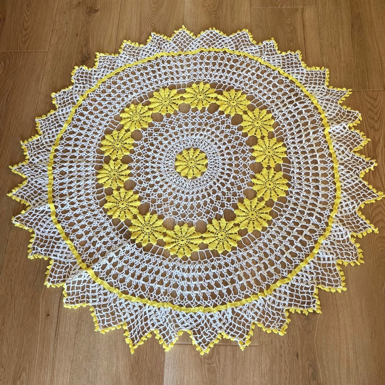 Vintage Crochet Tablecloth 43” Round Yellow White 3D Floral Lace Handmade