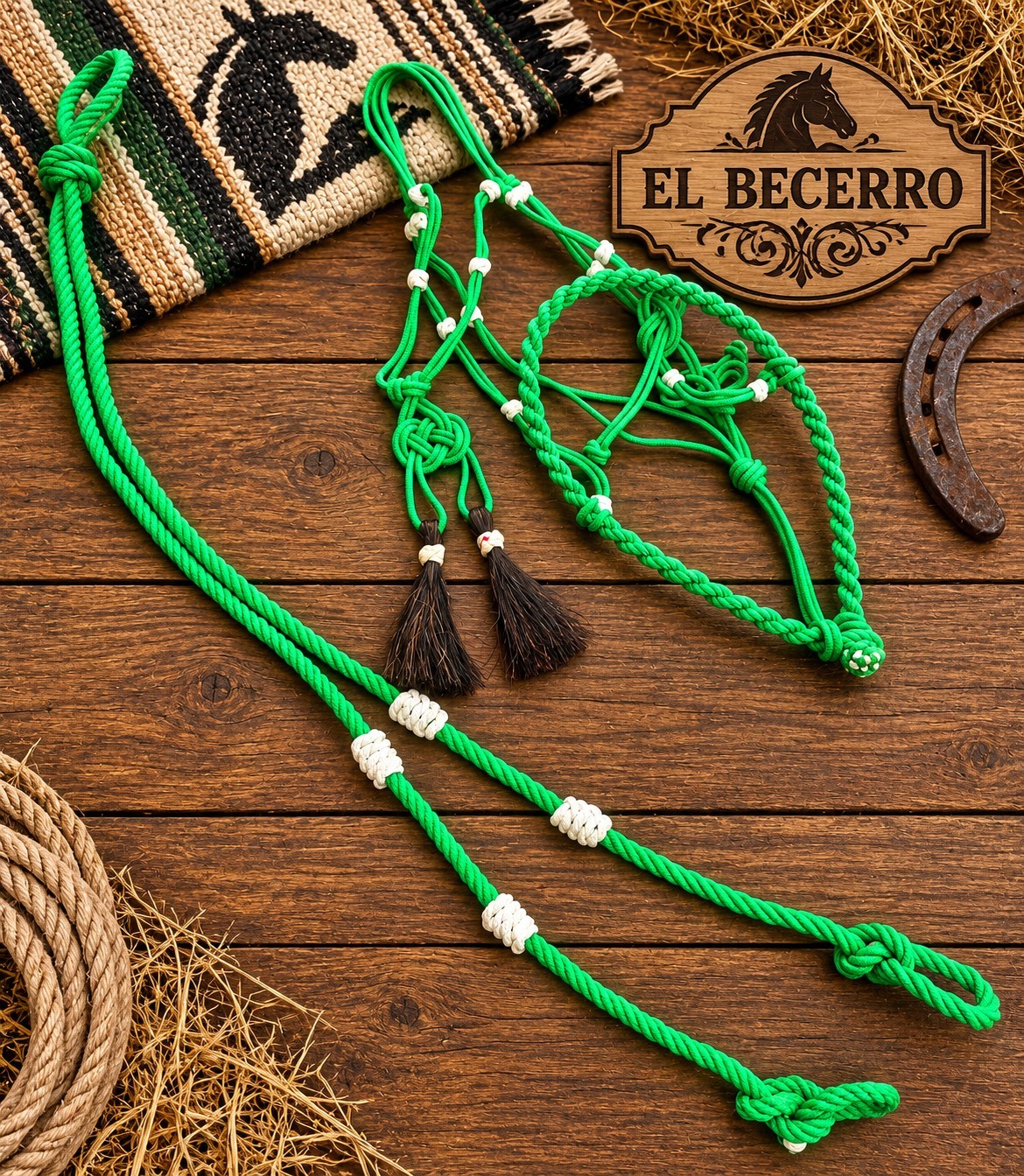 Bosal Riendas Verde/Negro Charras C/Cerdas Green/Black Horse Halter/Lead Rope