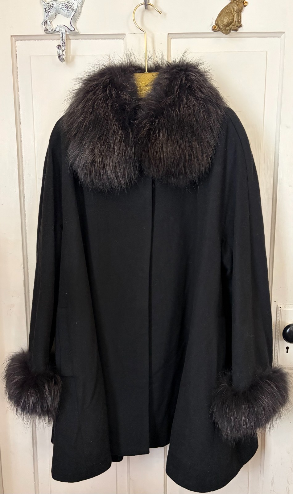 HENIG FURS 3X Black Cashmere SWING COAT Genuine Finland Raccoon Fur Collar Cuffs
