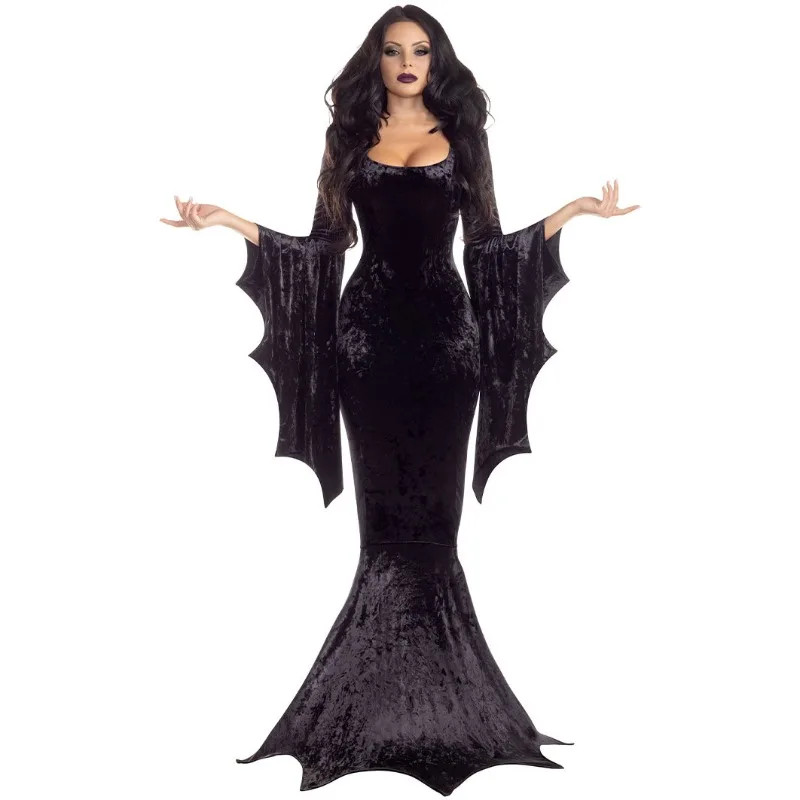 Witchy Costume Morticia Addams Long Train Dress Halloween Terror Dark Outfit Got Witchy Costume Morticia Addams Long Train Dress Halloween Terror Dark Outfit Got