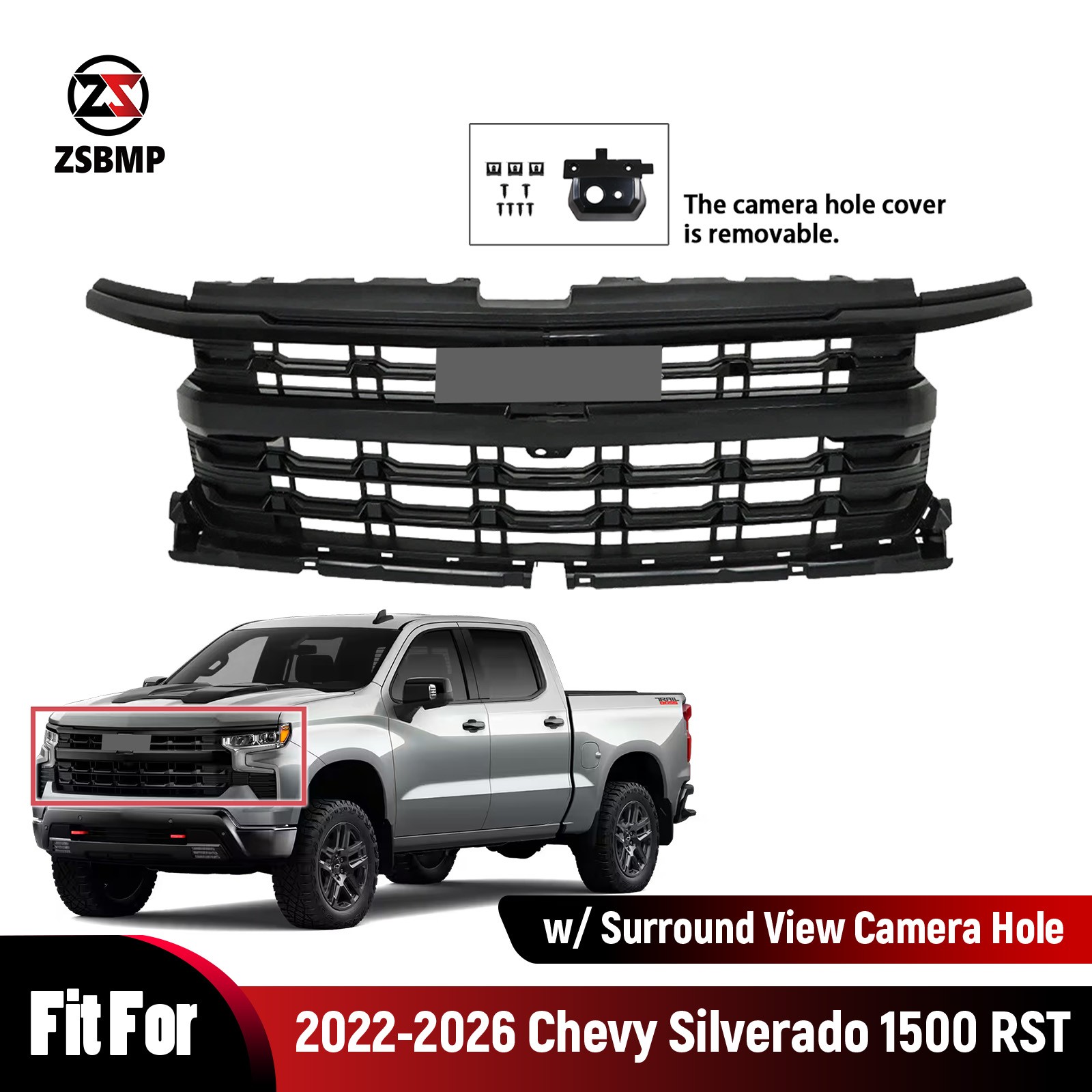 For 2022-2026 Chevy Silverado 1500 RST Gloss Black Front Grille w/ Camera Hole