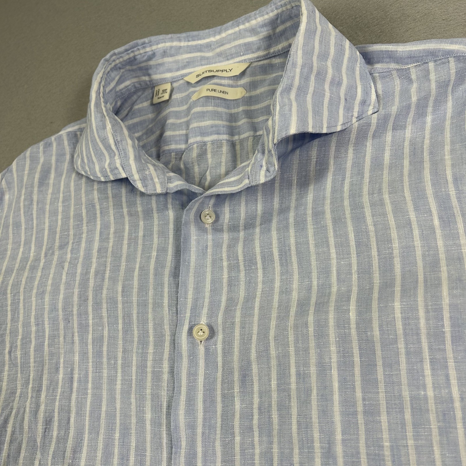 Suitsupply Pure Linen Men\'s Shirt 17/43 XL Blue Striped Long Sleeve Button Up