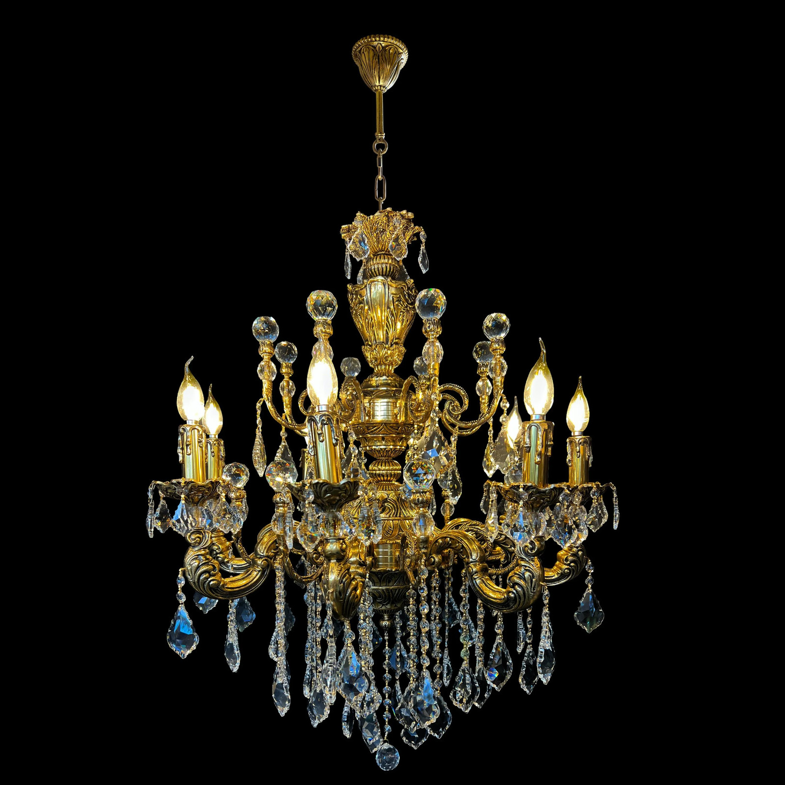 Ornate European Brass Crystal Chandelier Heirloom