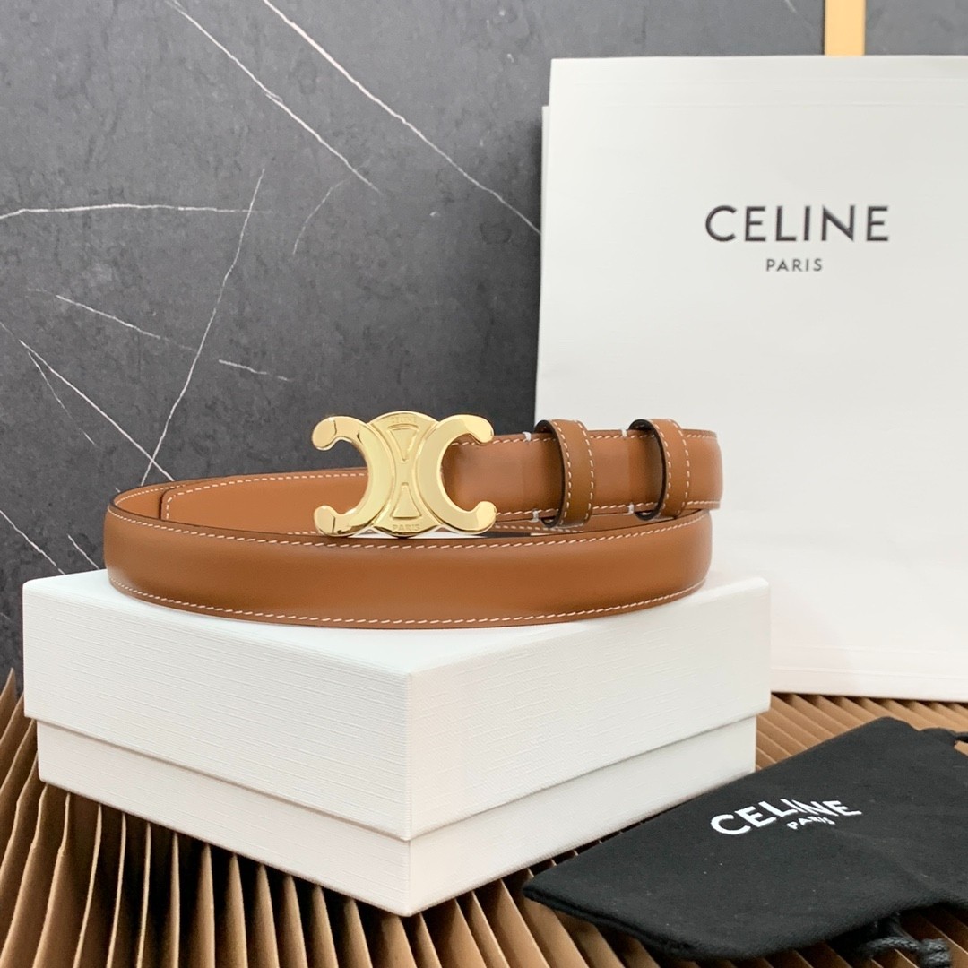 CELINE Women Triomphe Leather Belt Tan Gold-Tone Buckle 2.5cm CELINE Women Triomphe Leather Belt Tan Gold-Tone Buckle 2.5cm