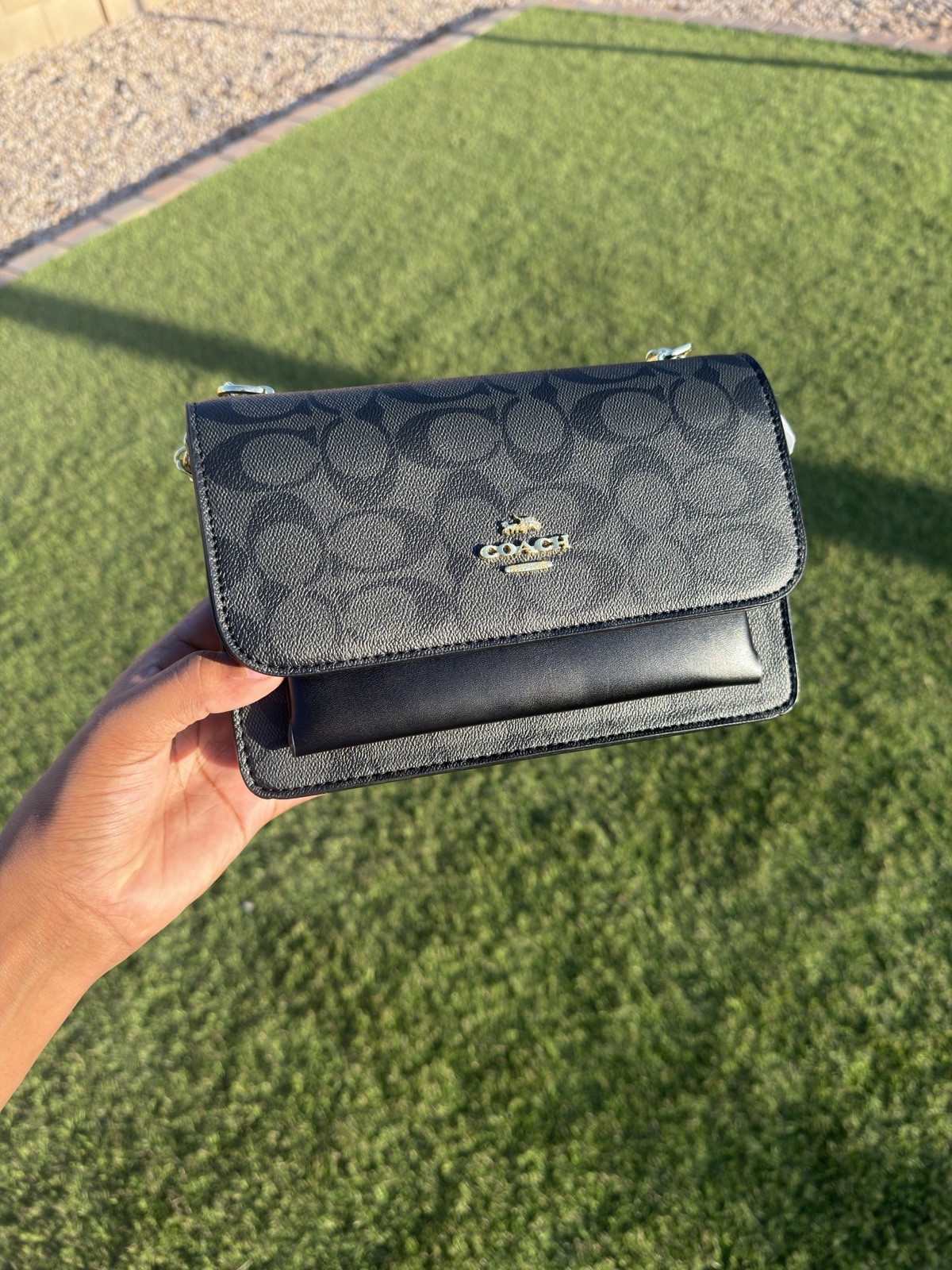 Coach Signature Logo Small Crossbody Flap Snap Bag Black/Gray Gold Chain Coach Signature Logo Small Crossbody Flap Snap Bag Black/Gray Gold Chain