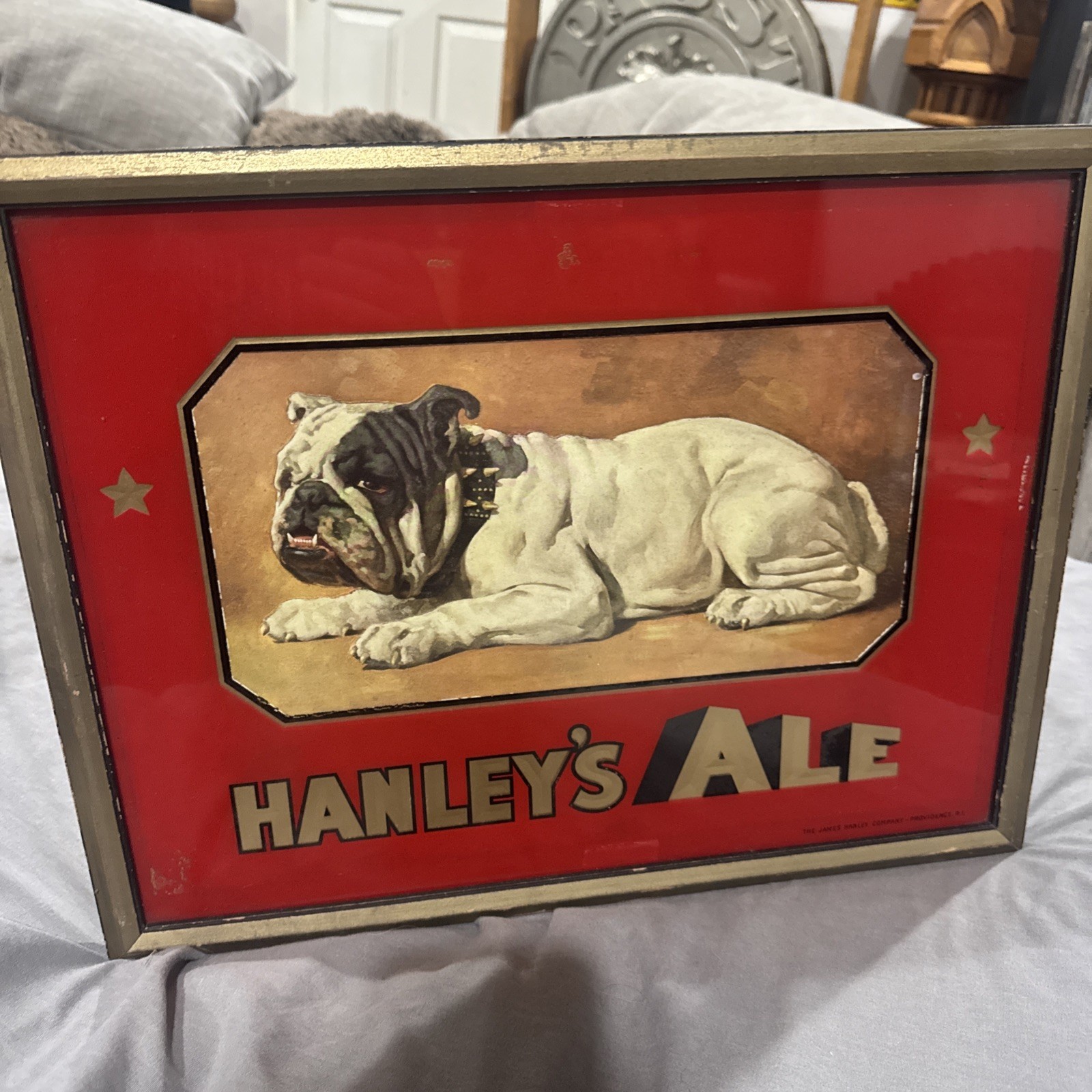 Hanleys Ale Reverse On Glass English Bulldog Advertising Sign 1930s Providence Hanleys Ale Reverse On Glass English Bulldog Advertising Sign 1930s Providence