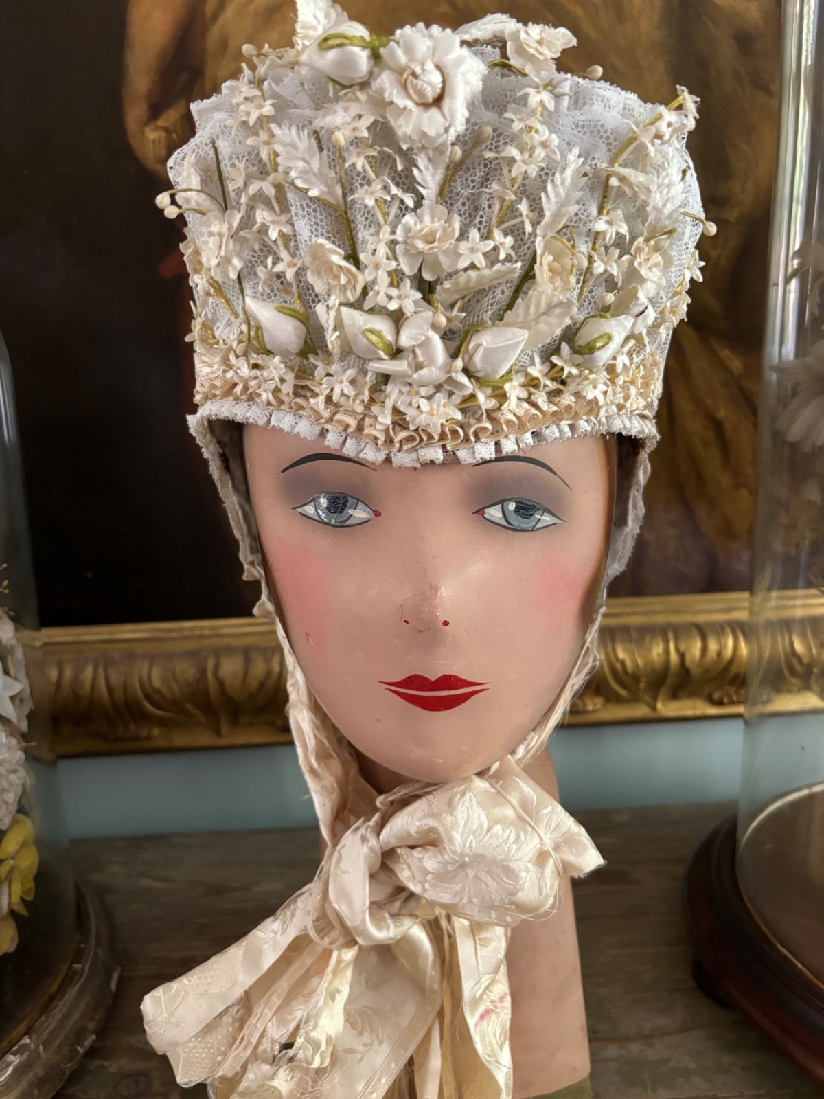 Gorgeous antique French lace Normandy wedding bonnet with many fabric flowers