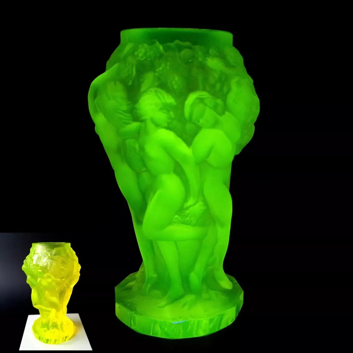 Uranium Glass Vase Nude Women Rare Vaseline Yellow Glass Vase Art Deco