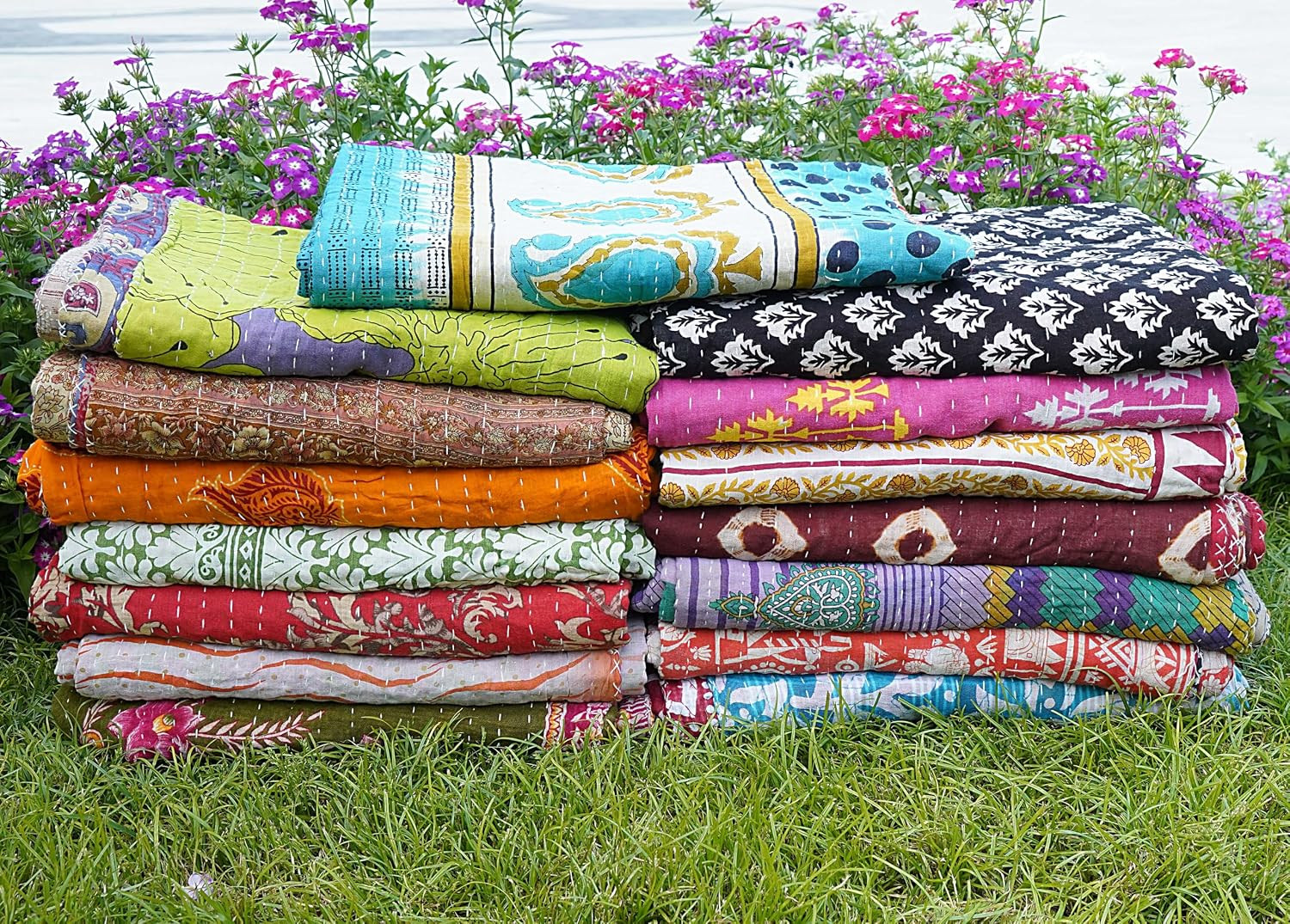 20 Piece Set Handmade Indian Vintage Kantha Quilts Reversible Bohemian Home Deco