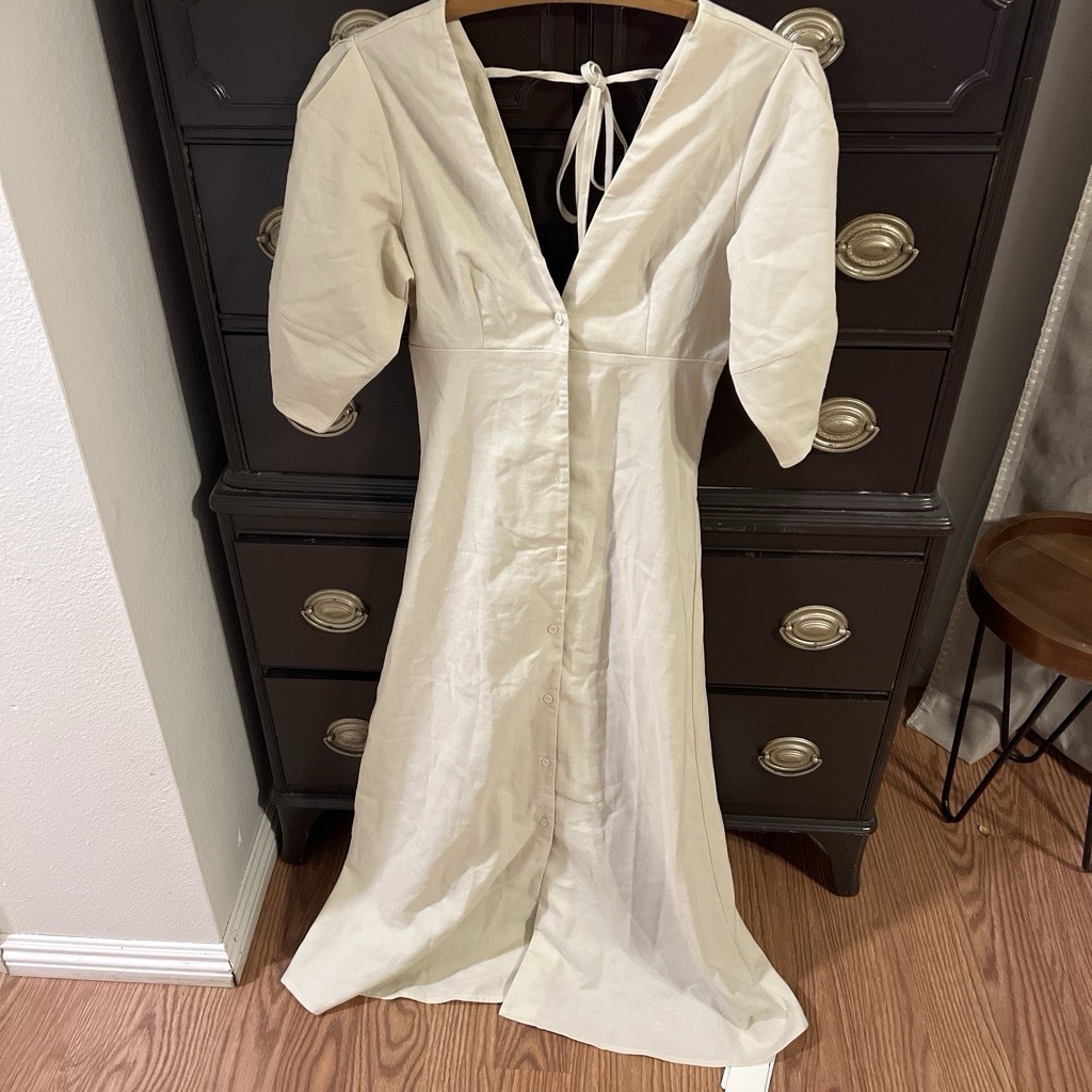 NWT COMMENSE Cotton And Linen Button Front Knotted Long Dress XS