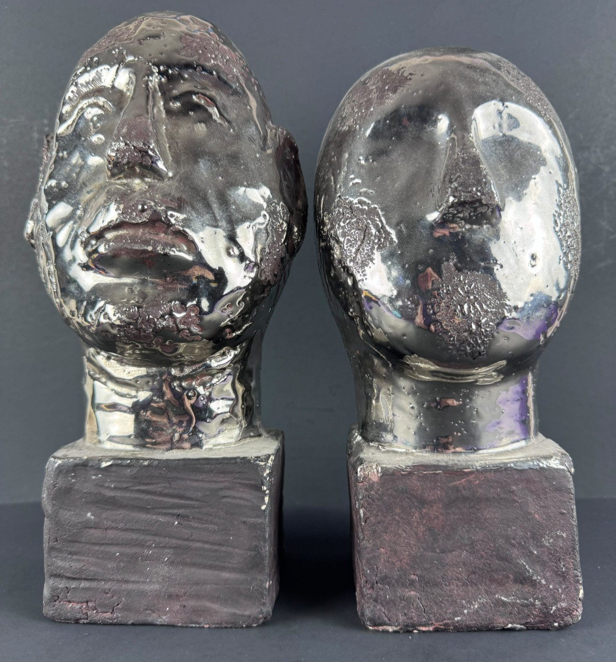 VTG MCM Bitossi Italian Art Pottery Style Silver Glaze Cycladic Style Bust Pair