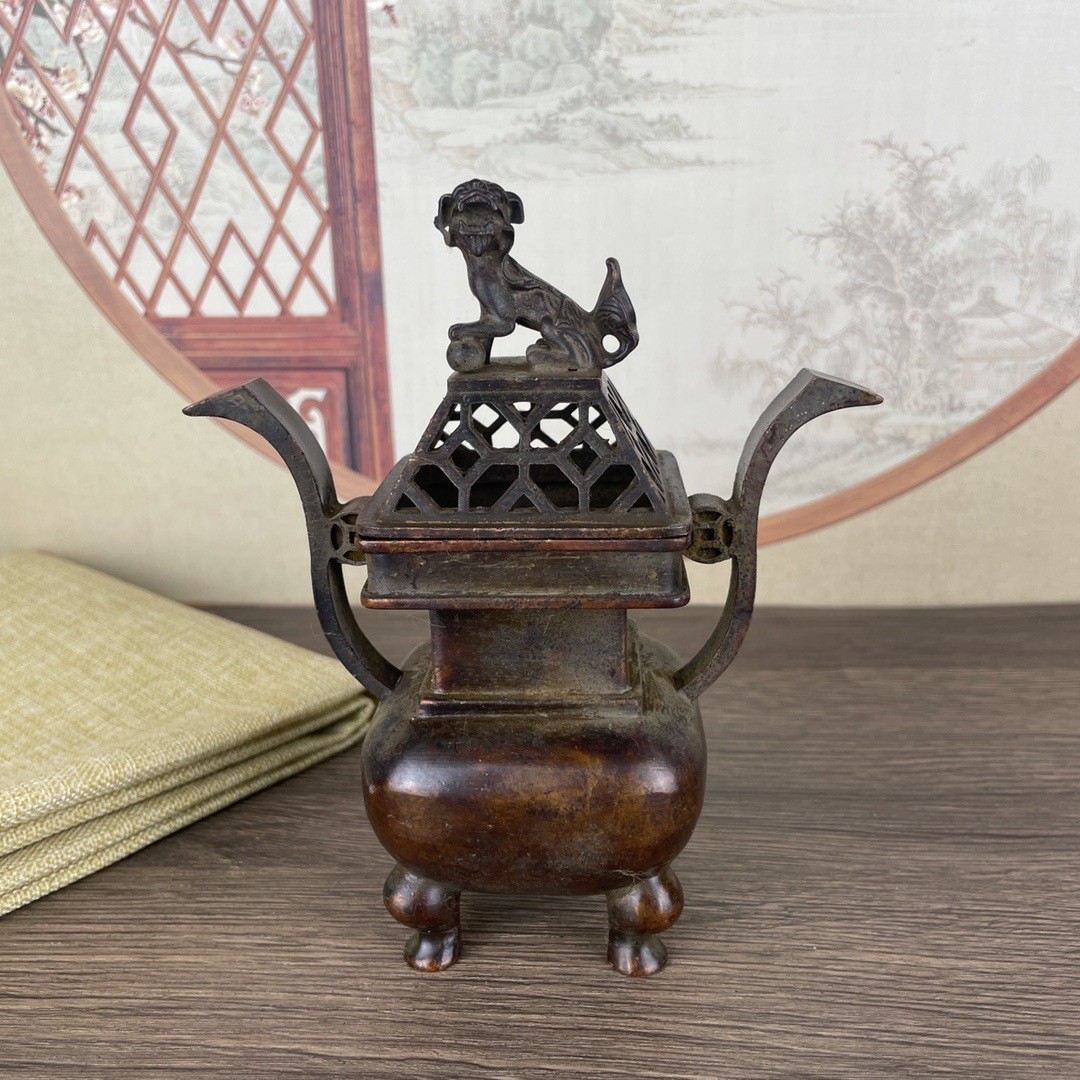 Chinese Antique Double Eared Four Legged Dogtengu Incense Burner Ornament