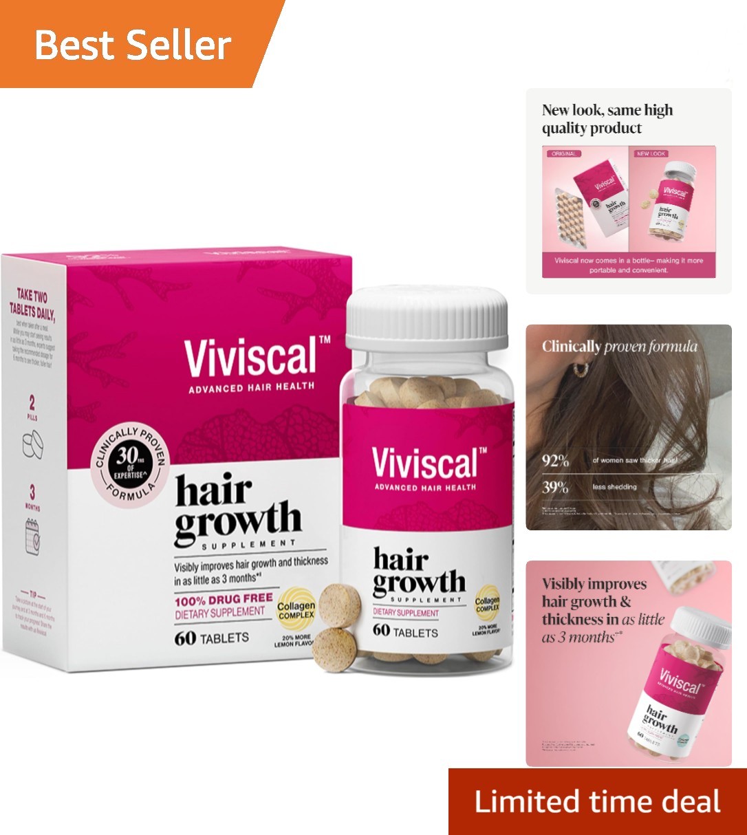Clinically Proven Hair Growth Supplements for Women - 60 Tablets, Lemon Flavor