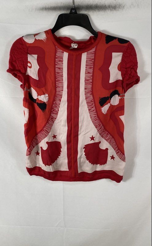Hermes Women\'s Red Floral Tassel Silk Cashmere Knit Short Sleeve Top Sz 38 XS