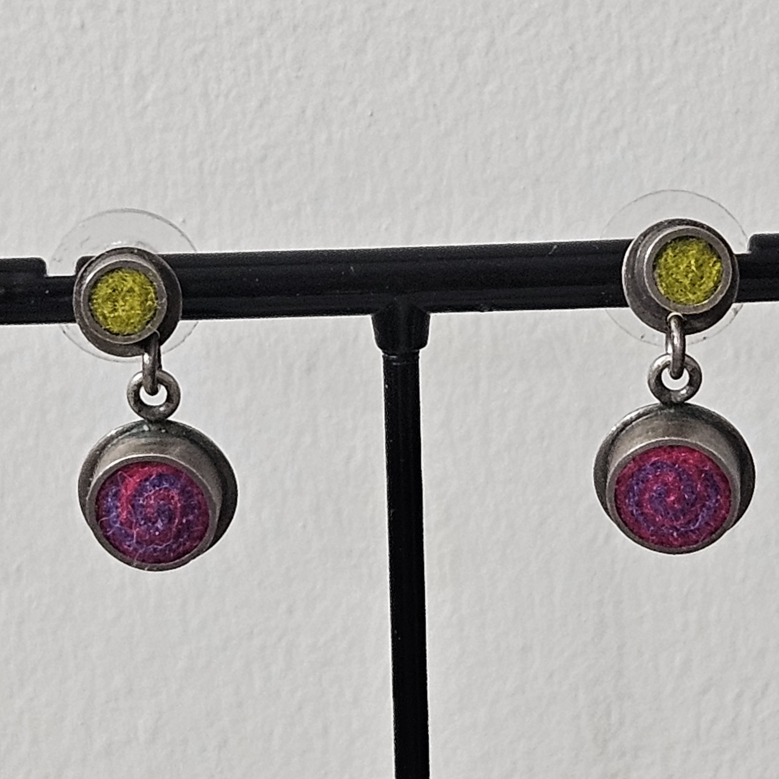 Unique Vintage Sterling Silver Felt Earrings Artisan Pink Green Dangle Unique Vintage Sterling Silver Felt Earrings Artisan Pink Green Dangle