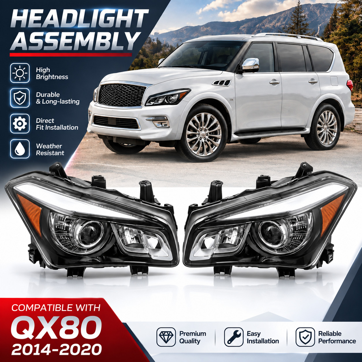 Left & Right Pair For Infiniti QX80 2014-17 LED Headlight W/O AFS 26010-5ZA0A