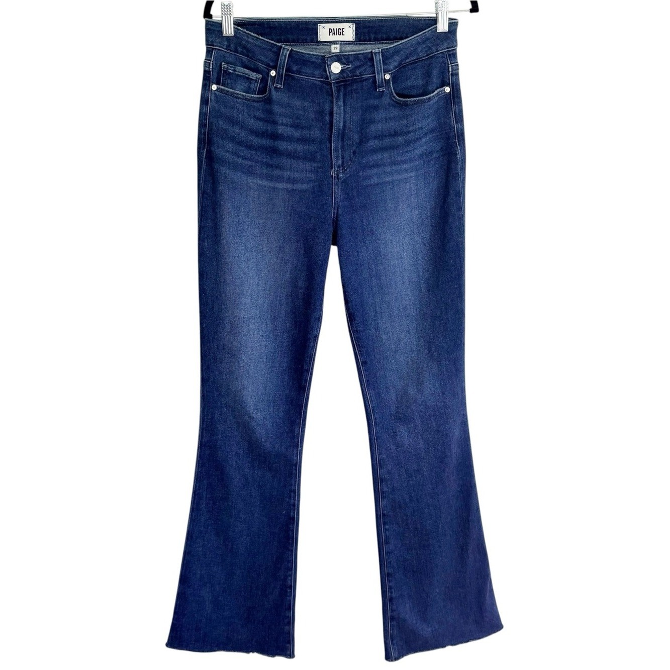 PAIGE Laurel Canyon High Rise Dark Wash Flare Jeans Raw Hem 29