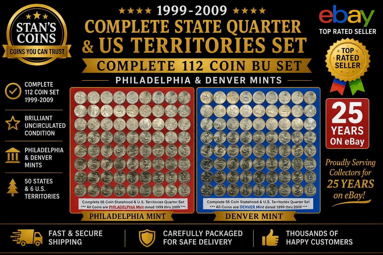 1999-2009 State Quarters US Territories Complete 112 Coin BU Set Philly & Denver