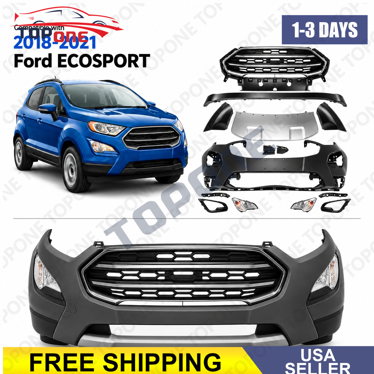15 Pcs New W/Grille Front Complete Bumper Cover For 2018-2021 Ford ECOSPORT