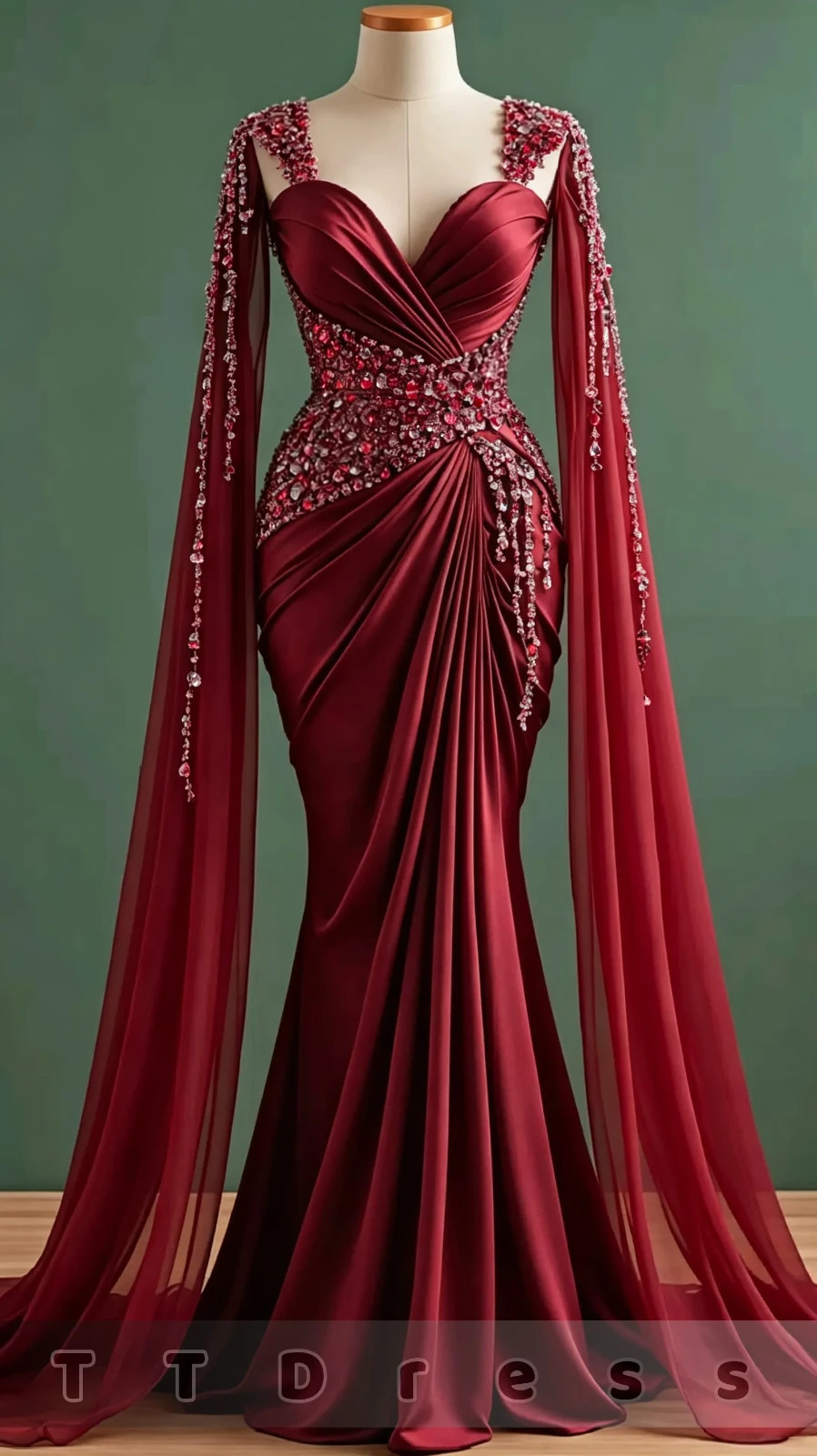 Elegant Mermaid Evening Gown Long Chiffon Cape Sleeves Beaded Formal Dress Prom