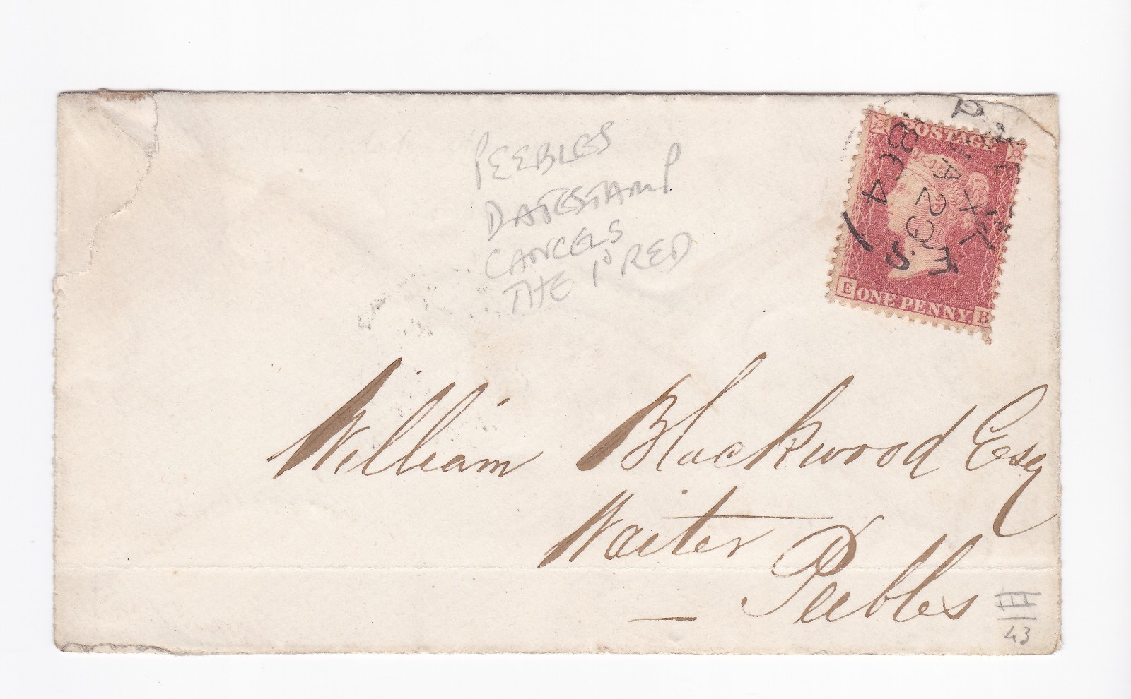 1864 QV FINE 1d PENNY RED STAMP ON PEEBLES LOCAL COVER TO WILLIAM BLACKWOOD 1864 QV FINE 1d PENNY RED STAMP ON PEEBLES LOCAL COVER TO WILLIAM BLACKWOOD