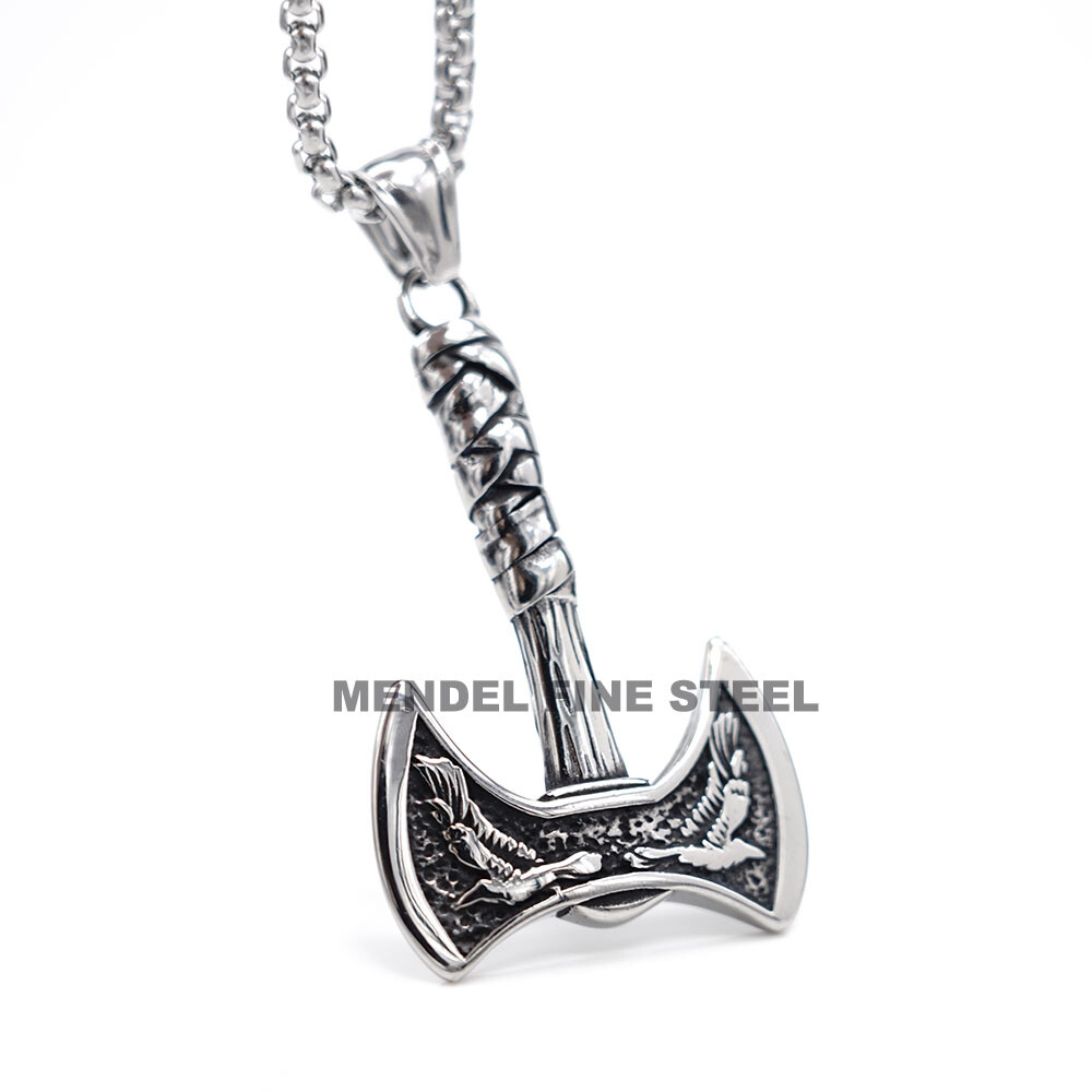 MENDEL Mens Gold Plated Nordic Viking Raven Axe Pendant Necklace Stainless Steel