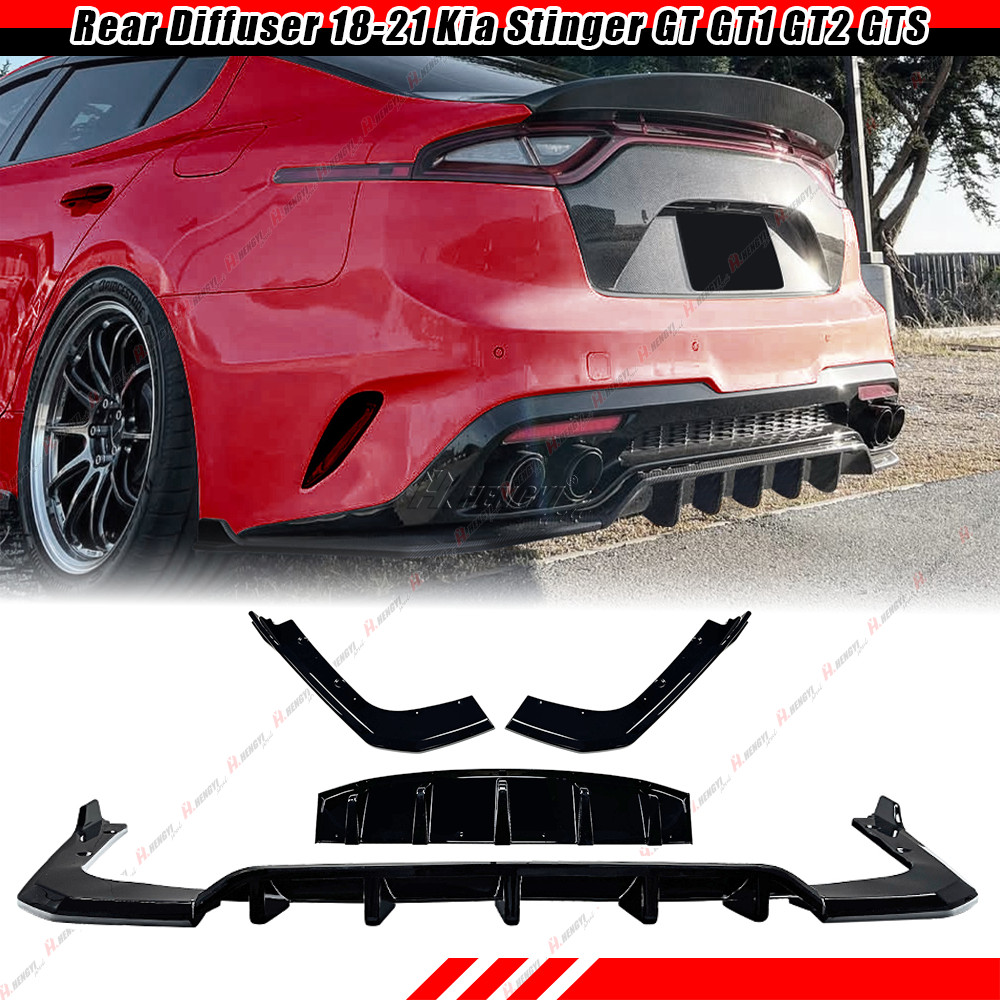 Fits 18-21 Kia Stinger GT GT1 GT2 GTS Gloss Black Rear Diffuser w/ Lip Aprons