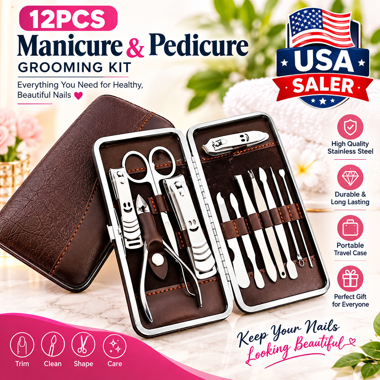 12PCS Pedicure / Manicure Set Nail Clippers Cleaner Cuticle Grooming Kit Case