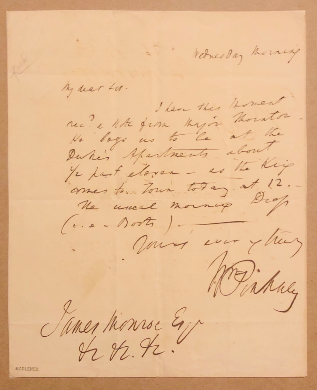 Maryland’s Wm Pinkney to James Monroe re:King /Major Thornton 1806 ALS document