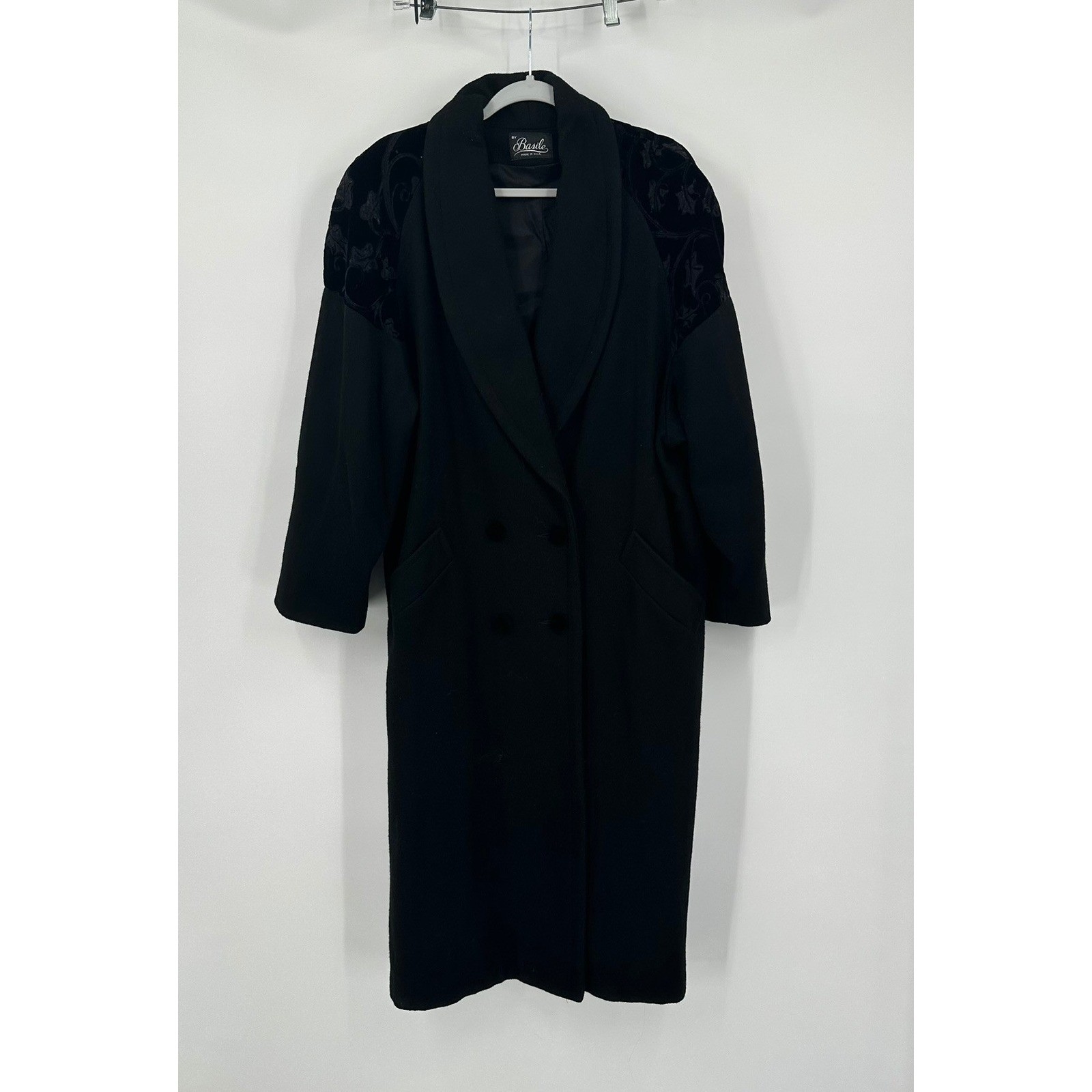 Basile Womens Vintage Black Wool Velvet Victoria Double Breasted Overcoat USA XL