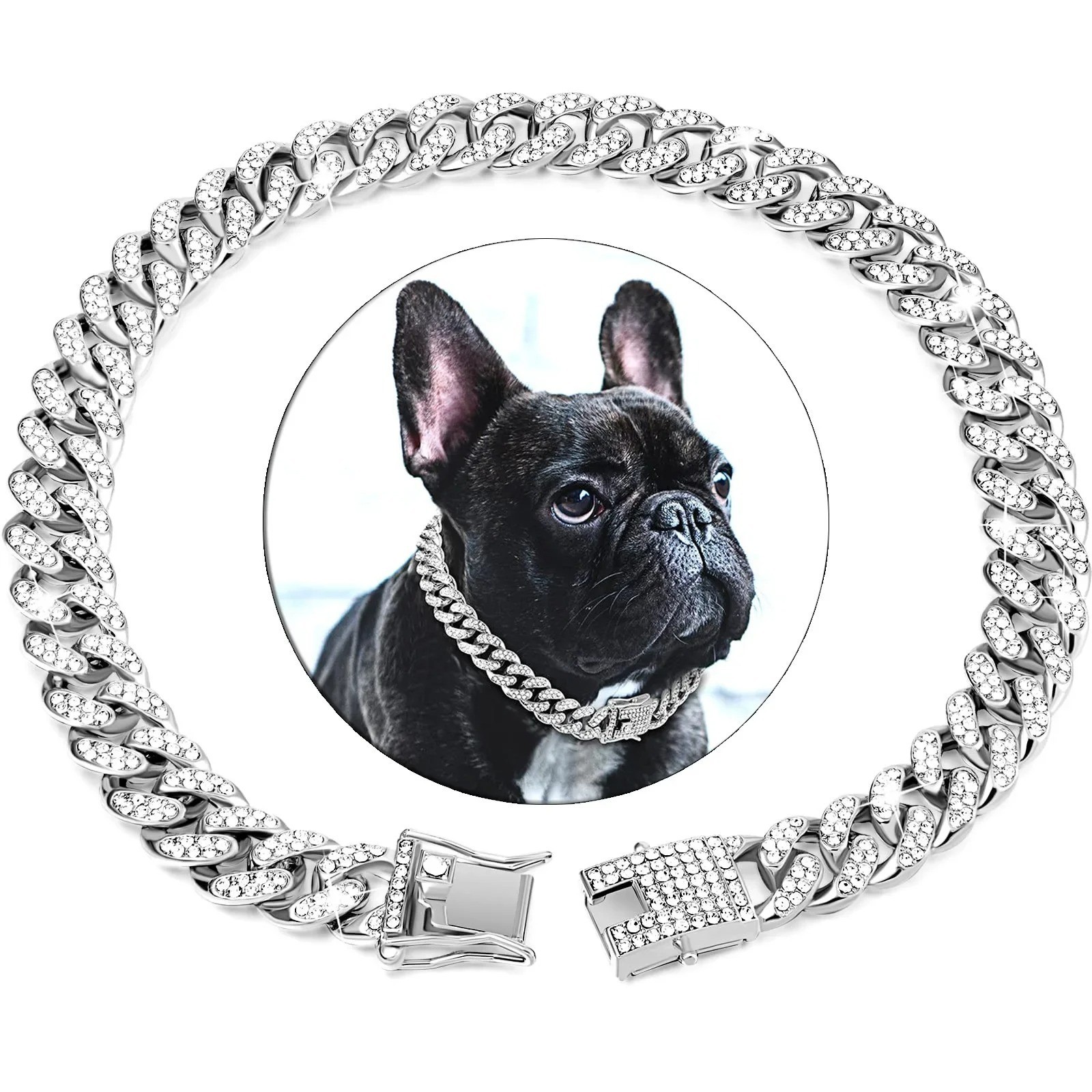 Luxury Bling Pet Chain Collar Gold Cuban Link Dog Cat Necklace Rhinestone-Collar