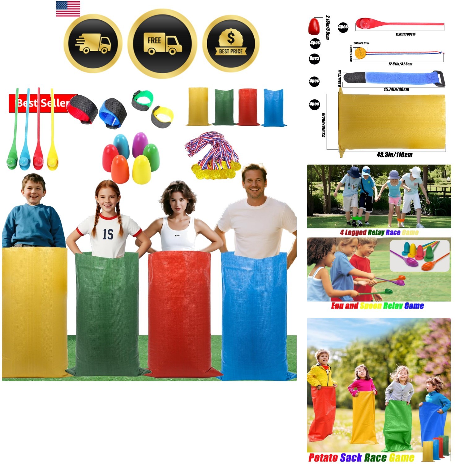 Outdoor Sports Game Set 24pcs Jumping Bags Three-Legged Race Belts Egg Spoons