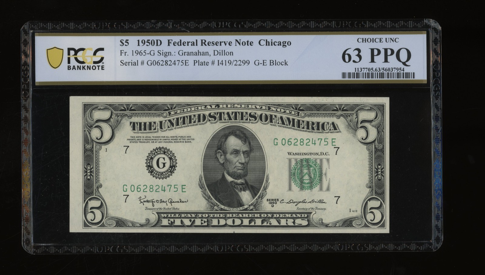 DBR 1950-D $5 FRN Chicago Fr. 1965-G PCGS-B 63 PPQ Serial G06282475E