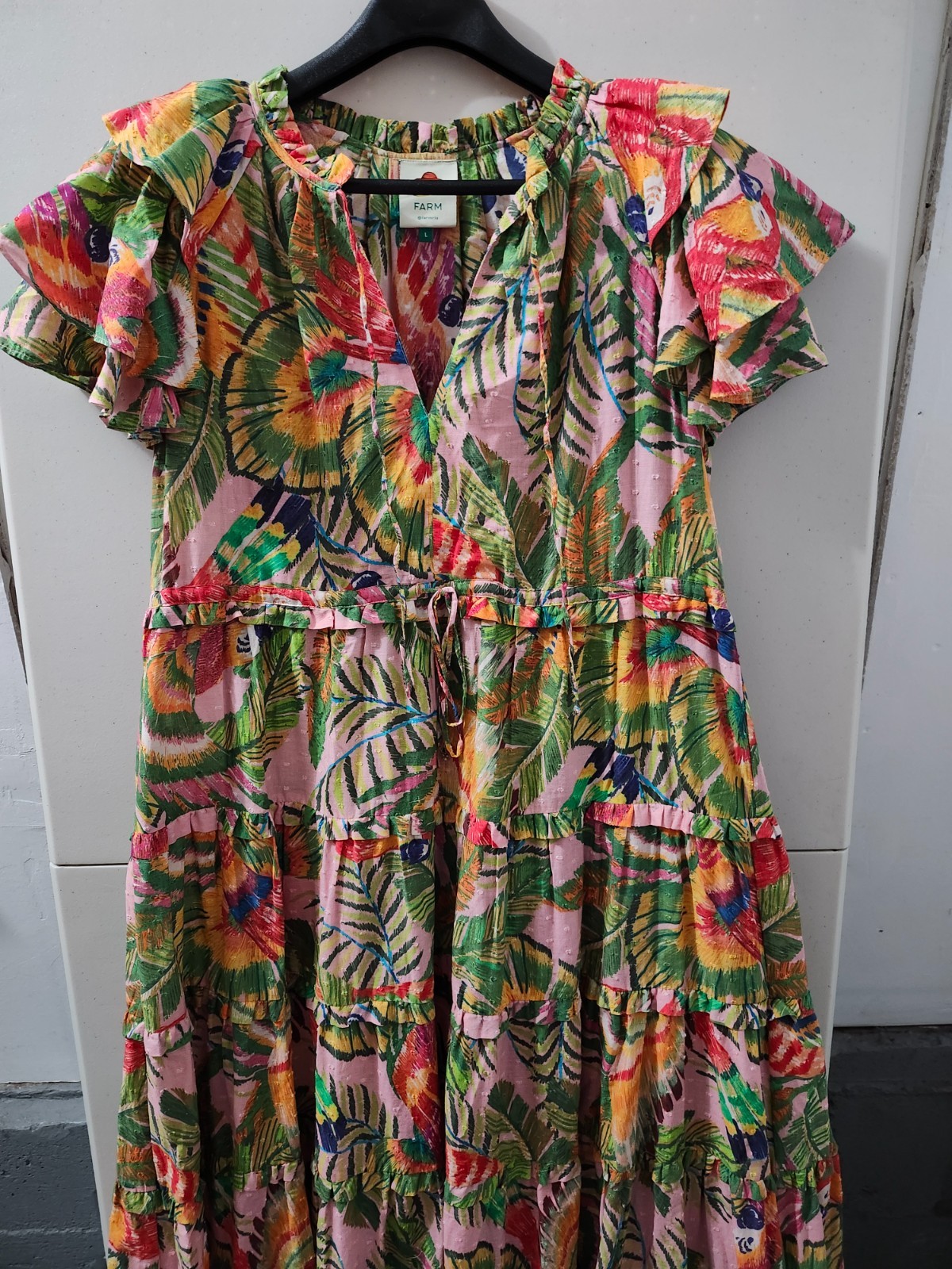 Farm Rio Dress Womens L Macaw Leaves Ruffle Maxi Tier Flare Short Sleeve Floral