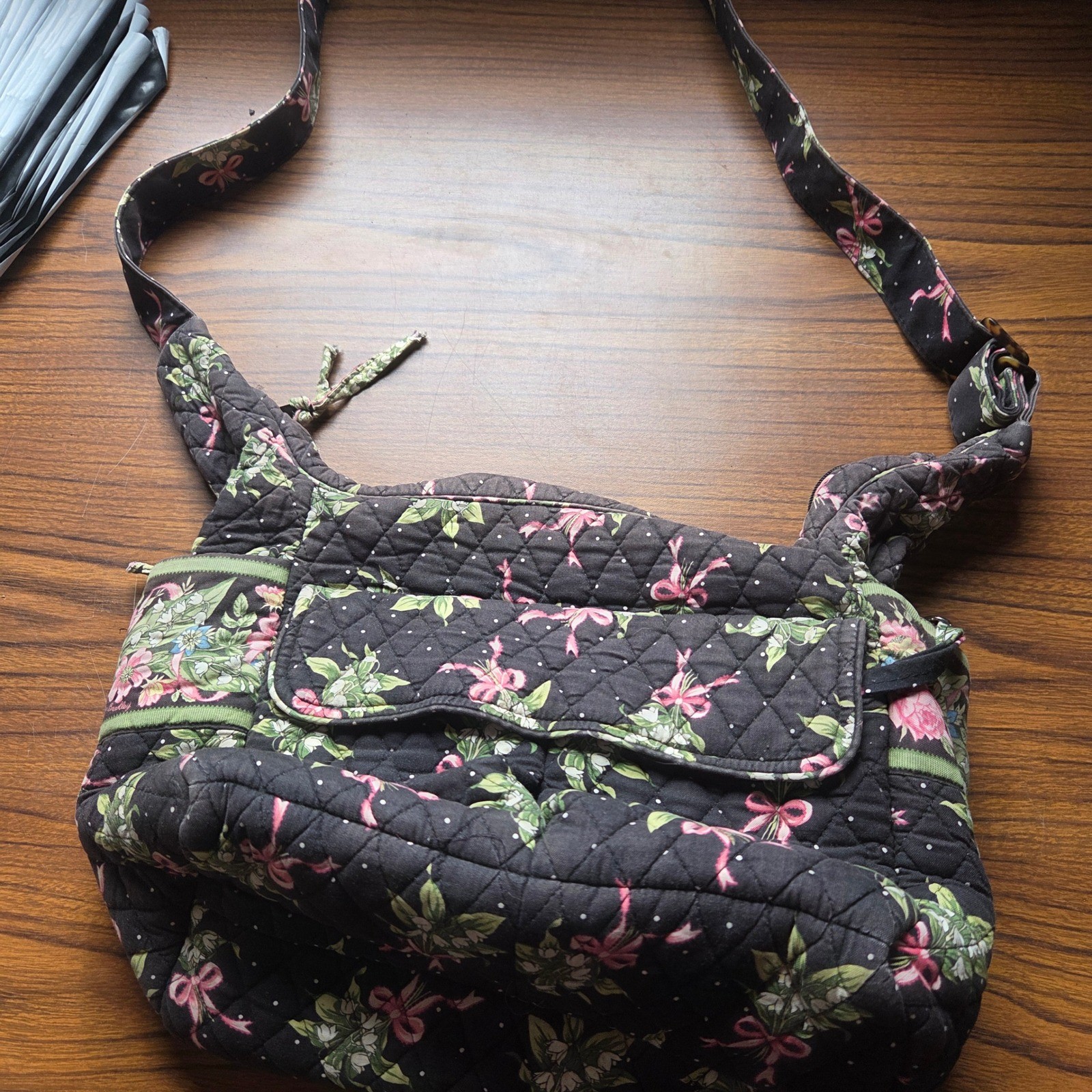 Vera Bradley Hope Garden Quilted Cotton Crossbody Bag Black Pink Floral Bows Vera Bradley Hope Garden Quilted Cotton Crossbody Bag Black Pink Floral Bows